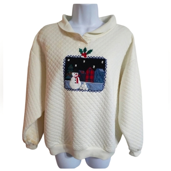 Vintage Jantzen Quilted Snowman Sweater Large White 80s Winter Holiday Pullover - Picture 2 of 9